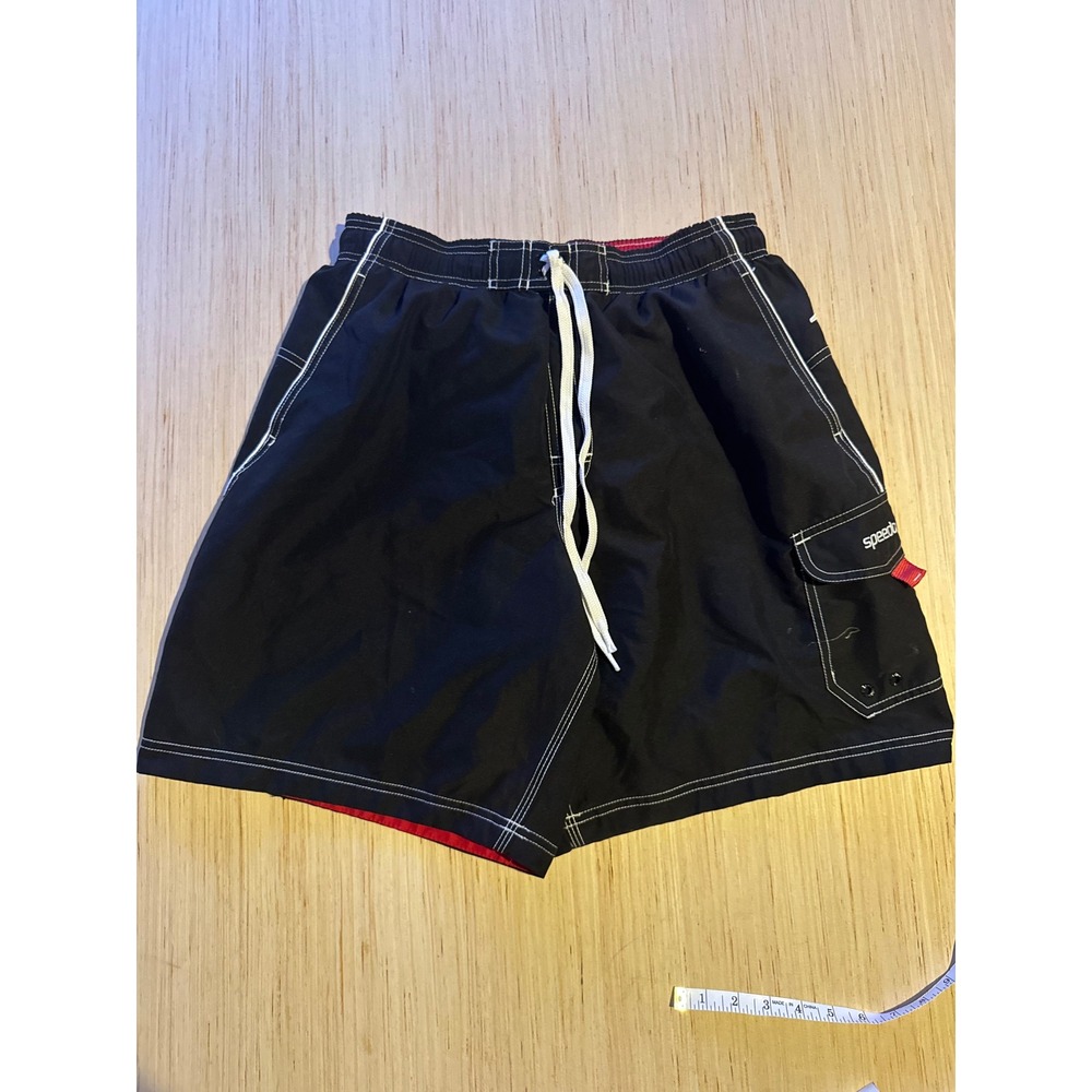 Speedo Mens Black Board Shorts Swim Trunks Cargo Pocket White Contrast L 31